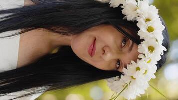 Happy middle aged woman smiling looking away dreaming, resting good news feel satisfied in park video
