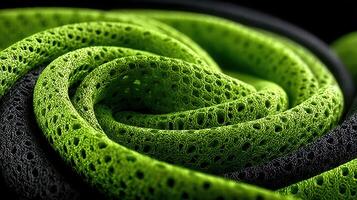 Close-up view of intricate green and black textured fabric creating a spiral pattern in a dynamic design photo