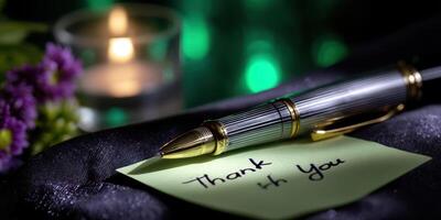 Thank you note and pen on black satin with candlelight background creating a warm and inviting atmosphere photo