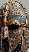 Exquisite craft of an ancient warrior helmet showcasing intricate designs and historical significance photo