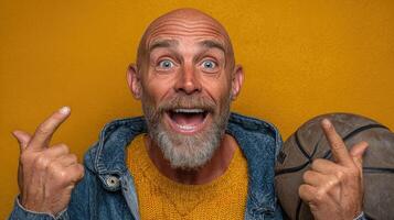 Older man expressing joy while holding a basketball against a vibrant yellow background in a cheerful indoor setting photo