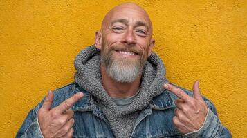 Smiling man with a beard poses playfully against a vibrant yellow wall in an urban setting photo