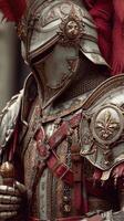 Intricate knight armor shines in historical reenactment, showcasing elaborate design and craftsmanship at medieval festival photo