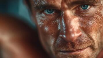 Intense expression of a determined athlete during training in a gym environment photo