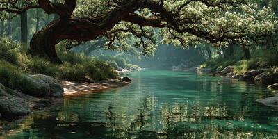 Serene river landscape under a sprawling tree with reflection at midday in a tranquil setting photo