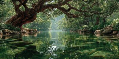 Serene riverside scene with lush greenery and tranquil water reflecting nature's beauty photo