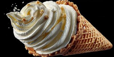 Delicious creamy soft serve ice cream swirled in a crispy cone with sprinkles served against a dark background photo