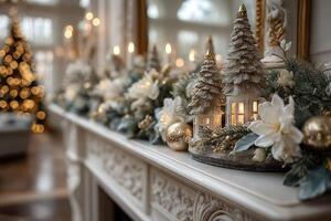 Holiday decor features elegant lit trees and festive ornaments on a mantel in a cozy living room setting photo