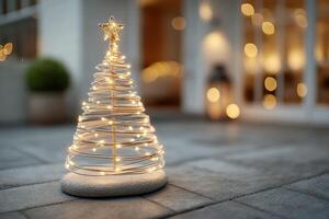 Holiday decorations showcase a glowing wire Christmas tree in a cozy outdoor setting during a festive evening photo