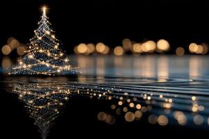 Sparkling Christmas tree reflects in calm water with warm lights in a cozy atmosphere during the holiday season photo