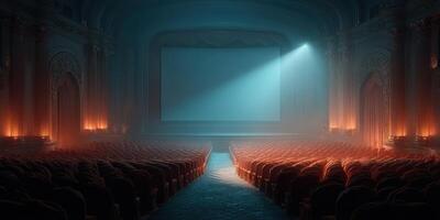 Vintage theater interior showcases empty seats and a bright spotlight illuminating the stage before a performance begins photo