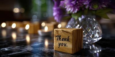 Elegant wooden block with a thank you message decorated by flowers and candles in a cozy evening setting photo