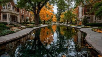 Beautiful autumn landscape with reflections in a serene waterway surrounded by trees and historic buildings photo