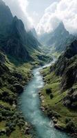 Majestic river flowing through rocky mountains under a cloudy sky at sunrise photo