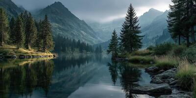 Majestic mountain landscape with serene lake reflecting pine trees under a cloudy sky during early morning light photo