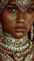 Intricate jewelry adorns a person with a radiant skin tone in a close-up shot, highlighting cultural beauty and tradition during a celebration photo