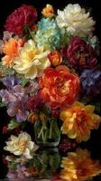 Bright and vibrant bouquet of mixed flowers reflecting in water at a serene setting photo