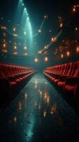 Dimly lit theater with red velvet seats and scattered petals on the floor during a performance at night photo