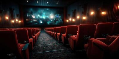 Empty theater showcasing red seats and a large screen in an evening setting with dim lights, preparing for audience arrival photo