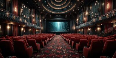 Cinema interior with luxurious red seating and large screen in a majestic building during the evening photo