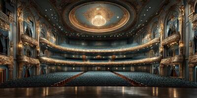 Elegant theater interior showcasing ornate architecture and opulent design with grand chandelier lighting photo