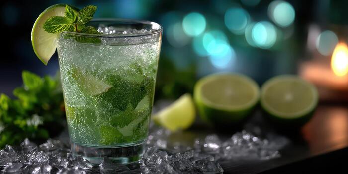 Refreshing cocktail served in a glass with mint and lime on a dimly lit table at a summer gathering photo