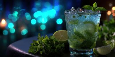 Bright mojito cocktail with fresh mint and lime on a dark table during a lively evening setting photo