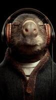 Humming along in style, a cozy animal enjoys music wearing headphones at home photo