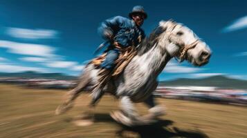 Horseman racing across an open field during a traditional event under clear blue skies photo