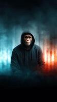Monkey wearing a hoodie against a smoky backdrop illuminated by red and blue lighting during a creative digital art event photo