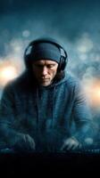 Man working on music production with headphones in creative studio during night hours photo
