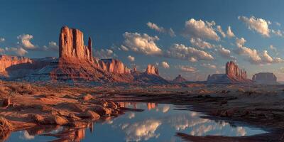 Majestic view of Monument Valley with rocky formations and serene water reflection at sunset photo