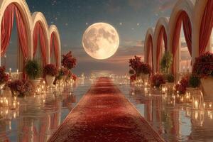 Romantic outdoor venue with a grand moon, elegant walkway, and beautiful floral decorations in a serene setting photo