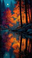Vibrant autumn foliage reflecting in a serene river under a moonlit sky at twilight in a tranquil forest setting photo