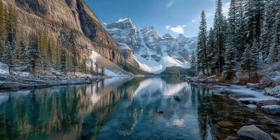 Stunning winter landscape with snow-capped mountains reflecting on a crystal-clear lake at sunrise in a serene national park photo