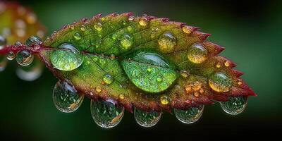 Close-up view of a leaf with water droplets highlighting intricate details in nature during early morning light photo