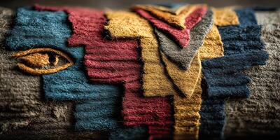 Textile art piece featuring vibrant patterns on a wooden surface at a creative workshop during the afternoon photo