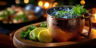 Refreshing copper mug cocktail served with lime and mint on a wooden platter in a cozy ambiance at a bar photo