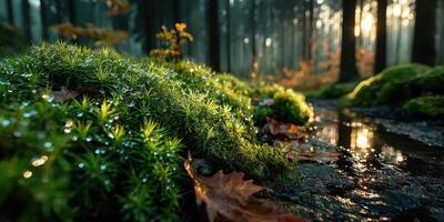 Dew-covered moss and fallen leaves alongside a tranquil stream in a dense forest at sunrise photo