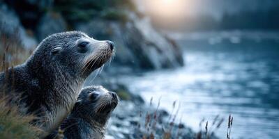 Two seals resting by the shore at dusk near a tranquil coastal landscape photo