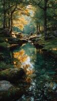 Serene forest stream reflecting golden autumn foliage in early morning light photo