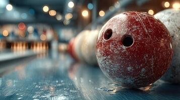 Close-up of worn bowling ball near others in a vibrant bowling alley during a busy evening photo