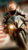 Rider pushes limits on motorcycle during high-speed race in bright, dynamic motion blur at a circuit photo