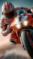 Motorcycle racer in high-speed action on a race track during a sunny day photo