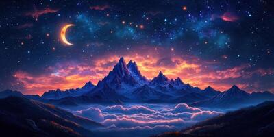 Majestic mountain landscape under a vibrant sunset sky with a crescent moon and twinkling stars above the clouds in the evening photo