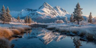 Snowy mountain landscape with a serene river reflecting the peaks during a clear winter morning in a tranquil wilderness area photo