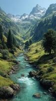 Serene mountain valley with a crystal clear river flowing through lush greenery and majestic peaks at midday photo