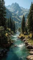 Misty mountains surround a tranquil river flowing through a vibrant forest in a peaceful summer landscape photo