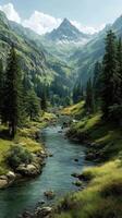 Lush mountain valley with flowing river and majestic peaks under bright sky in summer photo