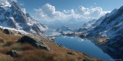 Scenic mountain landscape featuring a lake surrounded by snow-capped peaks and grassy hills under a clear blue sky photo